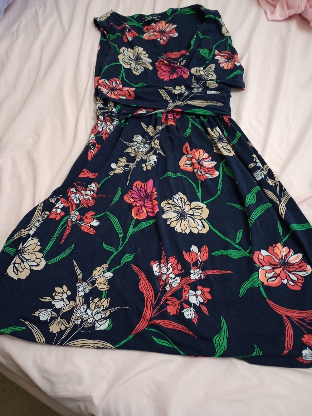 Lands' End Navy Floral Sleeveless Dress with Cream, Pink, Red & Green Accents